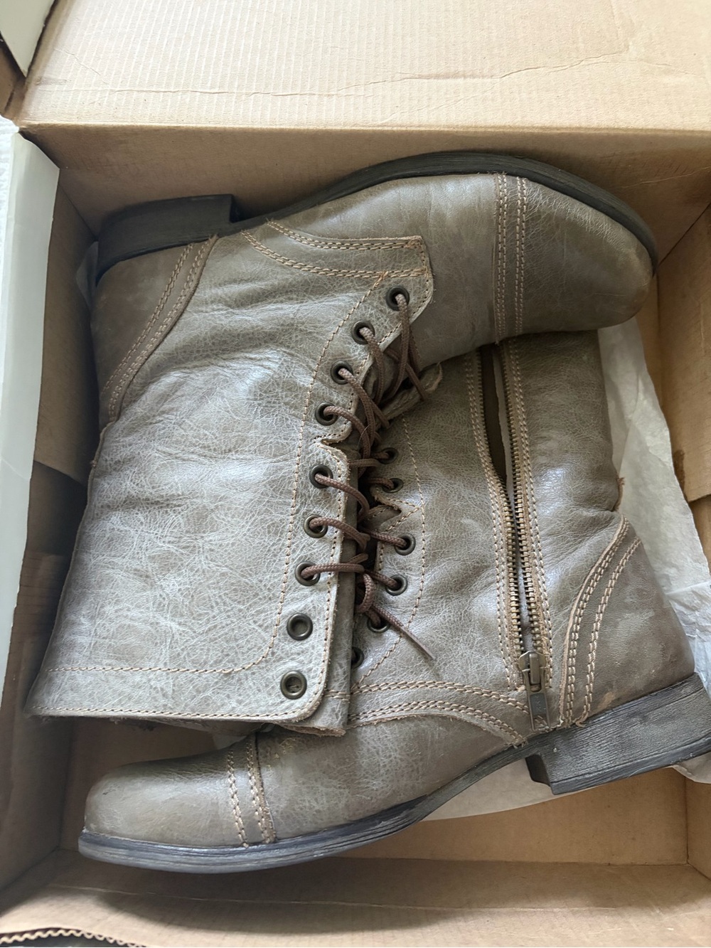 Steve Madden Taupe Lace-Up Side-Zip Combat Boots